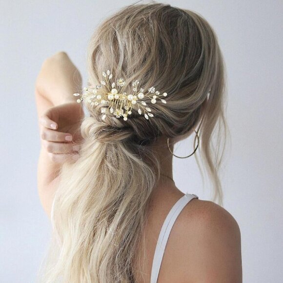 ?Women Gold Hair Comb and 4 Pins Bridal Pearl Crystal Wedding Hair Comb main image 4
